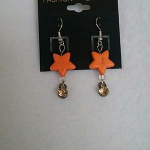 Womens orange stars and rhinestone hook earrings